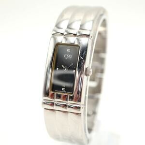 Vintage ESQ Womens Silver Tone 18mm Black Tank Watch 6.5" Bracelet w New Battery